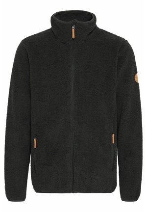 Giacca in pile grigia scura con colletto alto, zip completa, tasche laterali e tirazip in legno. Materiale morbido e texture. 