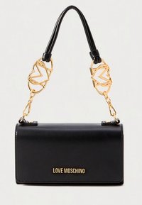 Black rectangular Love Moschino handbag with gold logo, gold heart-shaped chain links, and a black leather shoulder strap.