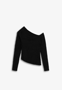 Musta hartioilta avonainen toppi, jossa on pitkät hihat, teksturoitu kangas ja epäsymmetrinen helma. Suora siluetti hennolla laskoksella.