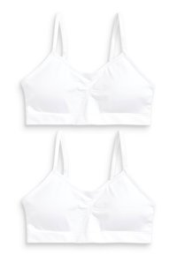 Hvid bomuldsbralette med justerbare stropper, let samlet midte og uden bøjle, som har en glat tekstur og et enkelt design.