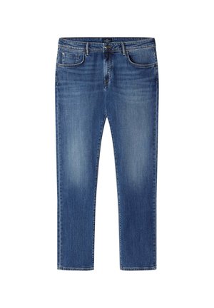 Modré džínsy s rovnými nohavicami, ktoré majú päť vreciek, zapínanie na gombík a jemné vyblednutie na prednej strane.