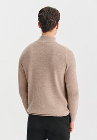 Dopasowany, beżowy sweter dziany z wysokim kołnierzem, prążkowanymi rękawami i miękką teksturą, prezentujący bezszwowy design pleców na jednolitym tle.