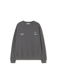 Dark gray long-sleeve crewneck sweatshirt with small white and blue text and a blue star on the chest.