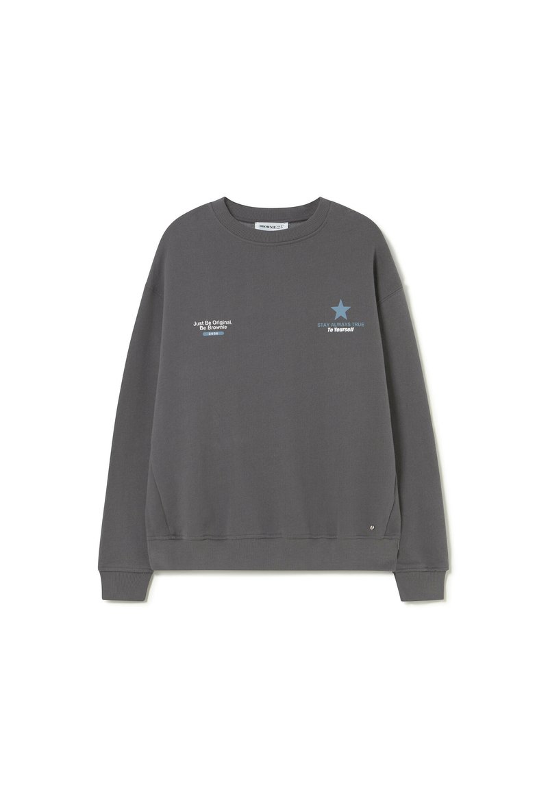 Dark gray long-sleeve crewneck sweatshirt with small white and blue text and a blue star on the chest.