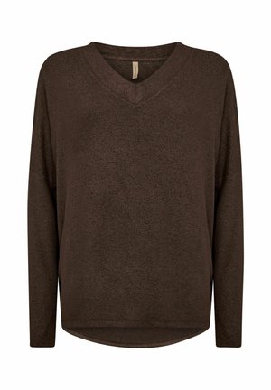 Dark brown long-sleeve sweater with a V-neck and a slightly curved hem, made from a soft, textured fabric.
