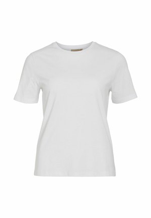 Camiseta de algodón blanca de manga corta con cuello redondo, con una textura suave y un corte clásico. Diseño simple, sin patrones ni adornos.