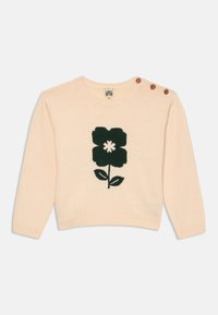 Maglione rosa chiaro con un design floreale verde. Presenta un collo rotondo e tre bottoni marroni sulla spalla. Realizzato in un tessuto morbido.