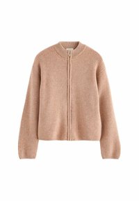 Zasukan pleteni kardigan v mehko roza barvi. Ima rebrasto teksturo, okroglo odprtino za vrat in dolge rokave. Minimalistična zasnova brez dodatnih okrasitev.