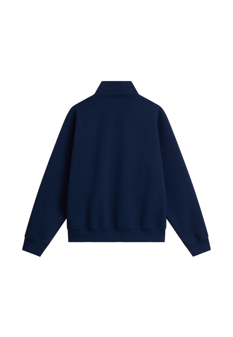 Sudadera azul marino de manga larga con puños y cinturilla acanalados, vista desde atrás sobre un fondo blanco.