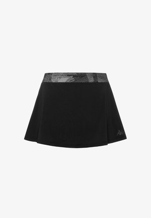 Jupe noire en forme trapèze avec une large ceinture grise texturée et un petit logo près de l'ourlet côté droit.