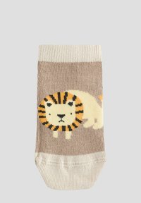 Calze a righe beige con un risvolto crema, caratterizzate da un motivo di leoni giocosi con corpo giallo e strisce nere. Texture a maglia morbida.