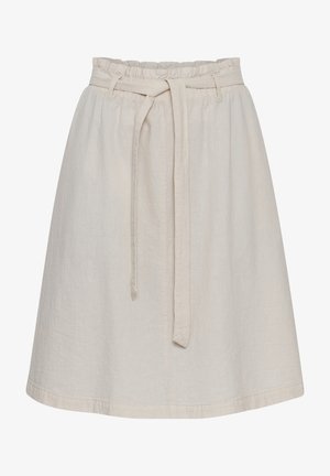 Beige linnen rok met een elastische tailleband en een strikriem. Heeft een uitlopende vorm en een textuur, eindigend boven de knie.