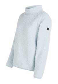 Lichtblauwe fleece pullover met hoge kraag, structuur, zachte oppervlakte en een klein zwart logo-opdruk op de linkermouw.