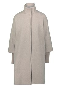 Manteau en mélange de laine beige avec un col haut, des manches larges et une texture côtelée au niveau des poignets. Présente un design minimaliste et sans fermetures.
