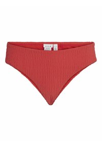 Parte inferior de bikini roja texturizada con un diseño de cintura alta y un corte en forma de V. Etiqueta visible con la talla M y el nombre de la marca "VILA."