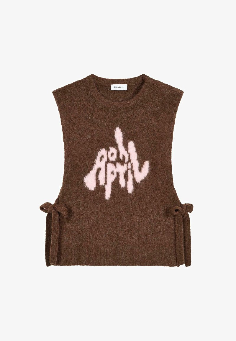 Ruskea neuleliivi, jossa on untuvanomainen rakenne. Varustettu valkoisella graafisella logolla ja säädettävillä sivunauhoilla. Laiska istuvuus ja ilman hihoja.