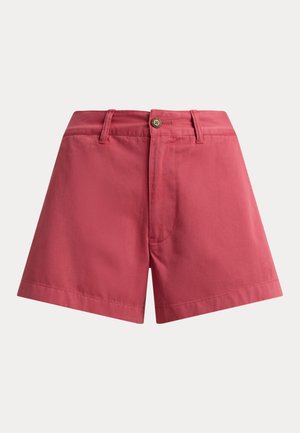 Κόκκινα σορτς με ψηλή μέση, θηλιές για ζώνη, ένα καφέ κουμπί και κρυφό φερμουάρ στο μπροστινό μέρος.