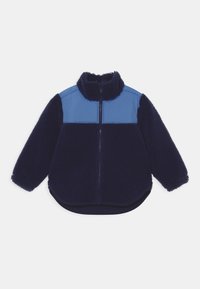 Navy blue fleece jacket with light blue yoke, full front zipper, long sleeves, and high collar, shown flat on white background.