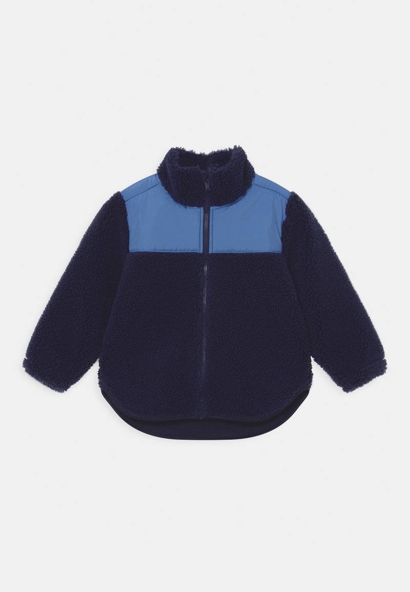 Navy blue fleece jacket with light blue yoke, full front zipper, long sleeves, and high collar, shown flat on white background.