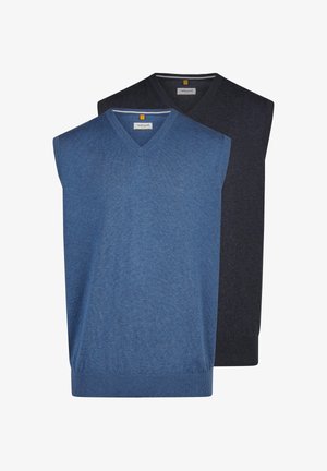 Dwa bezrękawnikowe, dzianinowe swetry z dekoltem w serek w kolorach niebieskim i ciemnoszarym, wyłożone płasko z widocznymi metkami marki wewnątrz kołnierzy.