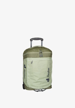 Rolltasche aus hellgrünem Stoff, ausgestattet mit einem oberen Handgriff, einem teleskopischen Griff, einer vorderen Reißverschlusstasche und einem Logo in Dunkelgrau.