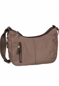 Borsa a spalla in nylon marrone con una texture liscia, chiusura con zip e tasca esterna con zip. Tracolla regolabile e forma arrotondata.