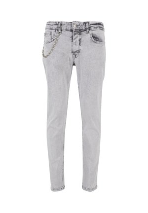 Szürke farmernadrág slim fit szabással és elhalványított dizájnnal. Öt zsebből áll, és elöl lánc díszítés található, ami még részletesebbé teszi a megjelenését.