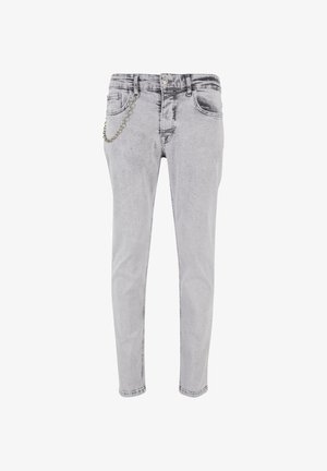 Szürke farmernadrág slim fit szabással és elhalványított dizájnnal. Öt zsebből áll, és elöl lánc díszítés található, ami még részletesebbé teszi a megjelenését.