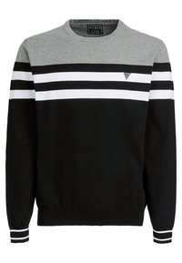 Pull tricoté noir et gris avec un col rond, présentant des rayures blanches horizontales et un petit logo sur la poitrine.