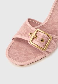 Ροζ σαγιονάρα με υφή από ύφασμα στο πάνω μέρος και διακοσμητικό αγκράφα σε χρυσό τόνο. Ομαλή δερμάτινη επένδυση περιβάλλει την επιφάνεια του πέλματος.