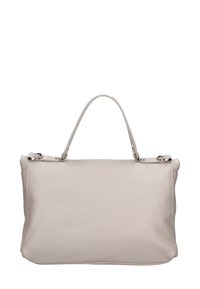Leren handtas in lichtgrijs met een gladde textuur, voorzien van een afgeronde bovenhandgreep en zilveren hardware-accenten aan de zijkanten.