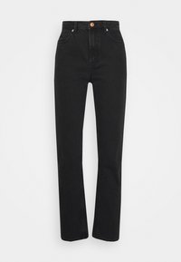 Black high-waisted jeans made of denim, featuring a straight leg cut, five pockets, metal button, and contrasting stitching along seams.