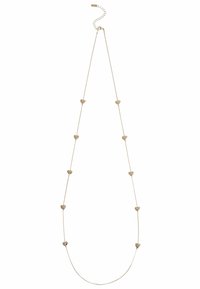 Halskette in Goldton mit kleinen herzförmigen Anhängern an einer zarten Kette, mit einem verstellbaren Verschluss zur Längenvariation.