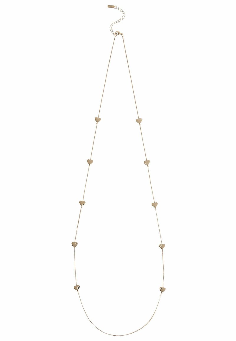 Halskette in Goldton mit kleinen herzförmigen Anhängern an einer zarten Kette, mit einem verstellbaren Verschluss zur Längenvariation.