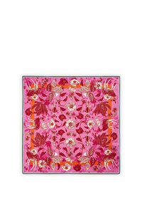 Écharpe en soie avec un fond rose vibrant, présentant des motifs floraux et animaliers complexes en rouge et blanc, bordée d'une outline orange.