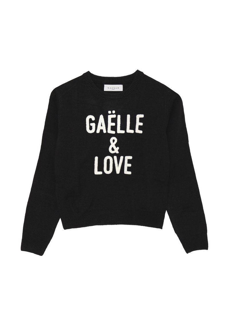 Maglione nero a maglia con colletto rotondo e maniche lunghe, con testo bianco a maglia "GAËLLE & LOVE" sul davanti. Orlo e polsini a coste.