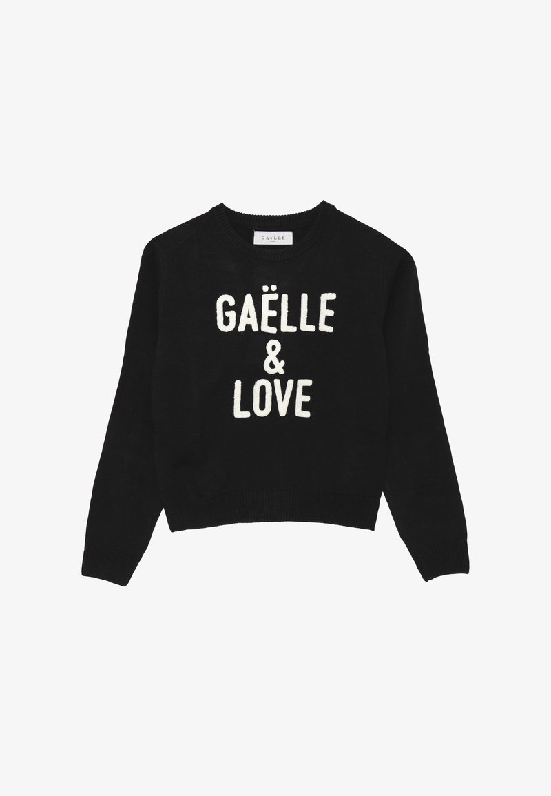 Maglione nero a maglia con colletto rotondo e maniche lunghe, con testo bianco a maglia "GAËLLE & LOVE" sul davanti. Orlo e polsini a coste.
