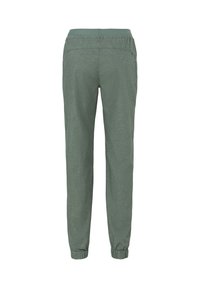 Pantalon vert à taille élastique avec poche arrière zippée et ourlets élastiques, présenté en vue arrière sur fond blanc.
