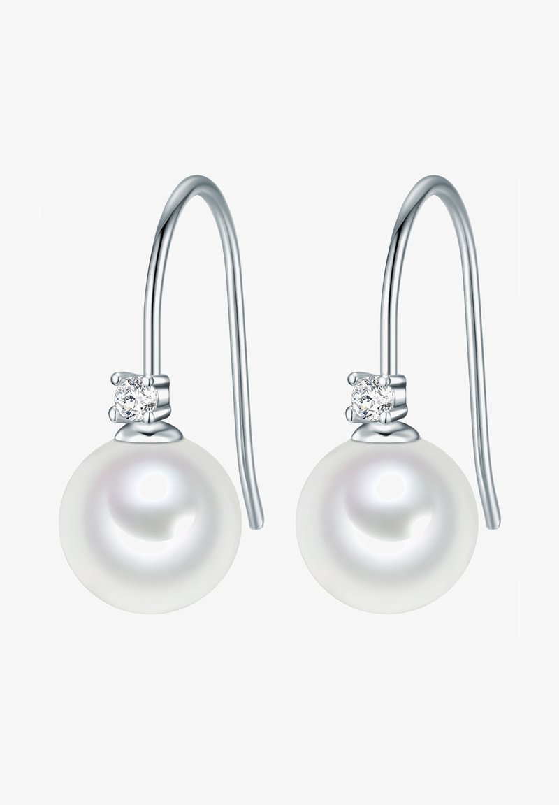 Uhani z bisernim kapljicami, ki vsebujejo okrogle bele bisere, srebrne kljuke in kamne, ki poudarjajo bisere, kar ustvarja klasičen dizajn.