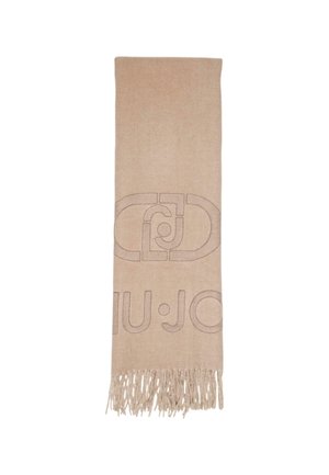 Sciarpa beige realizzata in tessuto morbido, con un logo in rilievo ben visibile e estremità frangiate per un tocco di texture in più.