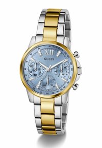 Orologio da polso con bracciale in metallo argento e oro, dotato di un quadrante blu. Le caratteristiche includono tre sottodial, grandi indici delle ore e una scala tachimetrica attorno alla lunetta.