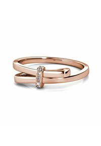 Roze gouden ring met een strak, minimalistisch ontwerp en een overlappend accent versierd met vijf heldere edelstenen.