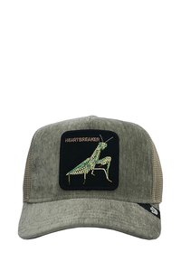 Green cap with a textured fabric and mesh sides. Features a black patch with a shiny green and gold grasshopper and the word "HEARTBREAKER."