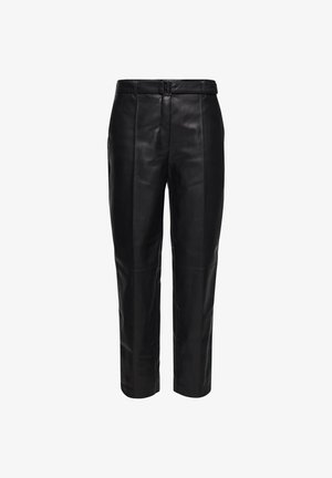 Juodos odinės kelnės su tiesių kojų dizainu, lygiu priekiniu kraštu ir juosmeniu. Sklandus audinys su siūlių detalėmis ant kojų.