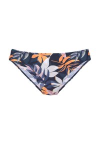 Svømme bikini-bunn med en marineblå base og et flerfarget bladmønster i oransje, rosa og grønn. Myk materiale med elastisk midje.