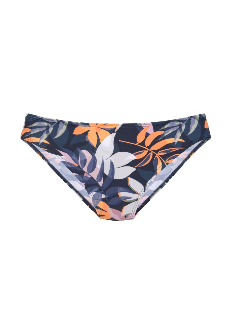 Svømme bikini-bunn med en marineblå base og et flerfarget bladmønster i oransje, rosa og grønn. Myk materiale med elastisk midje.