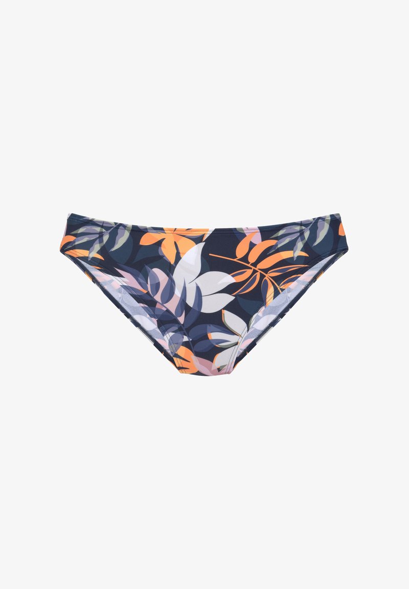 Svømme bikini-bunn med en marineblå base og et flerfarget bladmønster i oransje, rosa og grønn. Myk materiale med elastisk midje.