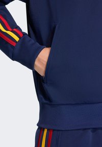 Námornícky športový sveter obsahuje zips na bočnej kapse, rebrované manžety a výrazné červené, žlté a červené pruhy pozdĺž rukávov.