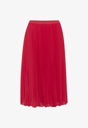 Jupe plissée rouge en tissu léger et lisse. Dotée d'une taille élastique et d'un design fluide pour faciliter les mouvements.