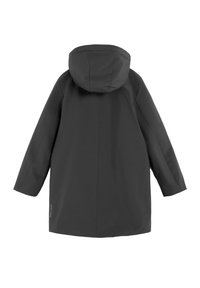 Abrigo de invierno gris oscuro con capucha visto desde atrás, con mangas largas y un diseño recto y simple.